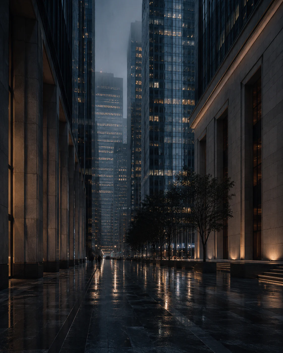 Institutional city canyon after rain