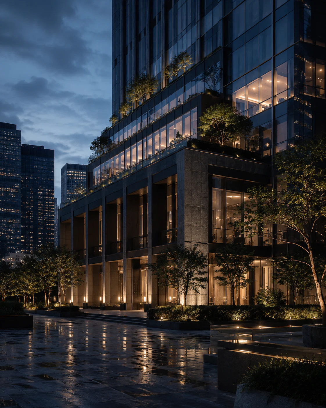 Blue-hour institutional real asset and financial district environment